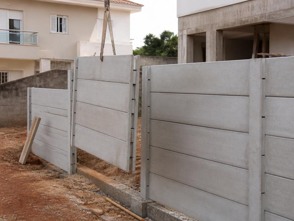 Muro pré-moldado de concreto sendo instalado em terreno residencial