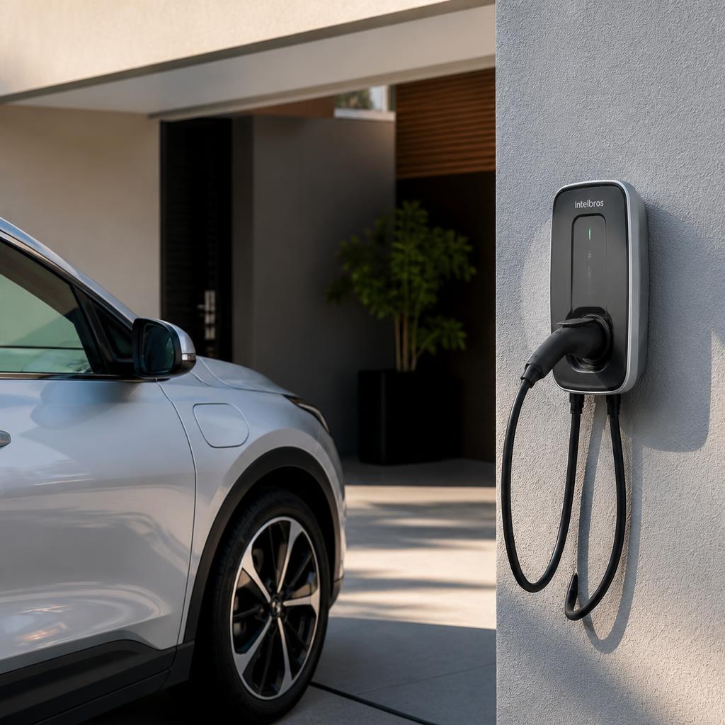 Carregador veicular instalado na parede de uma garagem
