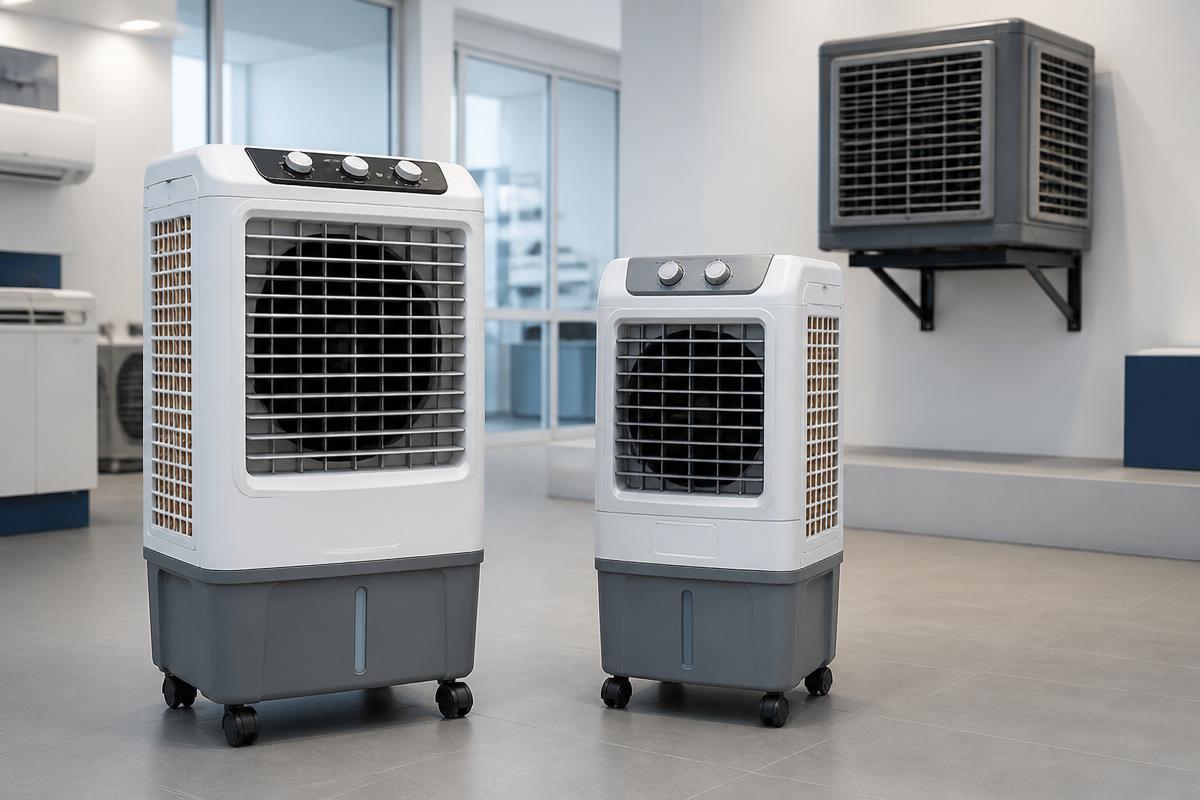 Climatizadores portáteis com rodízios e climatizador fixo instalado na parede